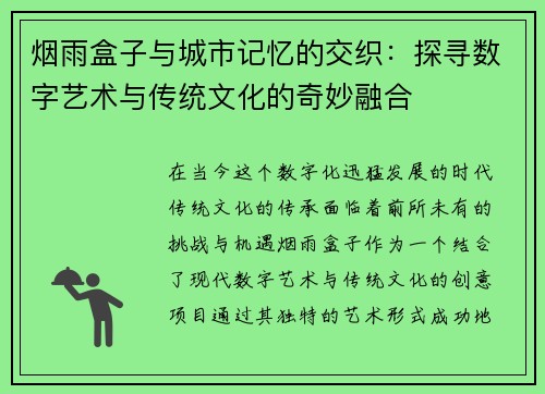 烟雨盒子与城市记忆的交织：探寻数字艺术与传统文化的奇妙融合